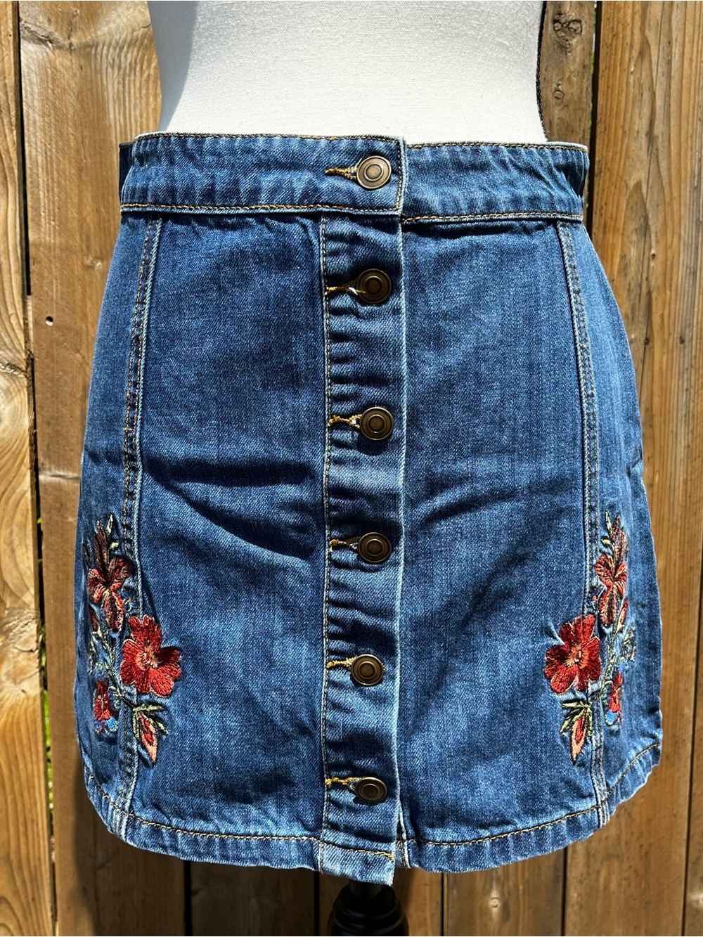 Forever 21 Denim Button-Front Mini Skirt with Orange Floral Embroidery - Blue